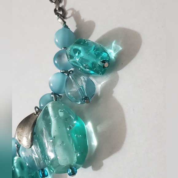 Vintage lucite aqua chunky beads cats eye silver necklace stainless steel 90's - Picture 5 of 13